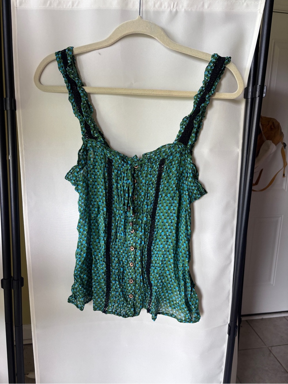 Anthropologie Teal Green Patterned Ruffle-Trim Blouse